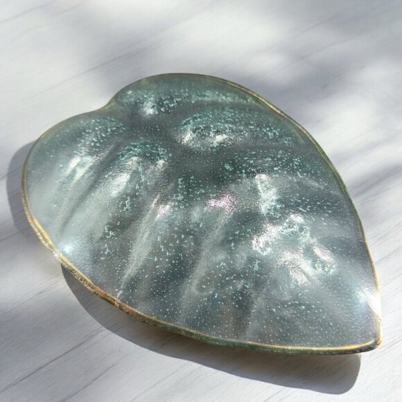 Vintage Clear Recycle Glass Dish Plate Platter Leaf Shaped With Gold Edges Glass - Picture 2 of 14